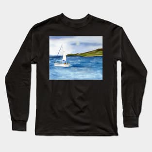 Sailing at Full Moon Watercolor Painting Long Sleeve T-Shirt